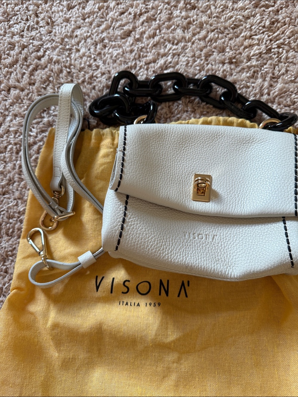 Plinio Visona White Pebbled Leather Mini Crossbody with Black Chain